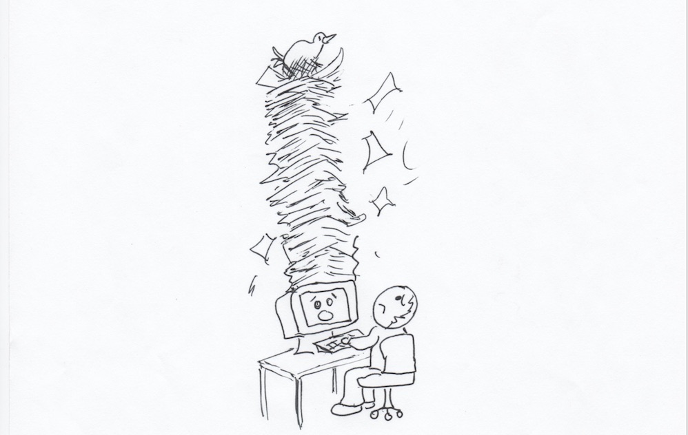 Cartoon-Bird on Papers-coming out of computer. Don't cram too much info into one email.